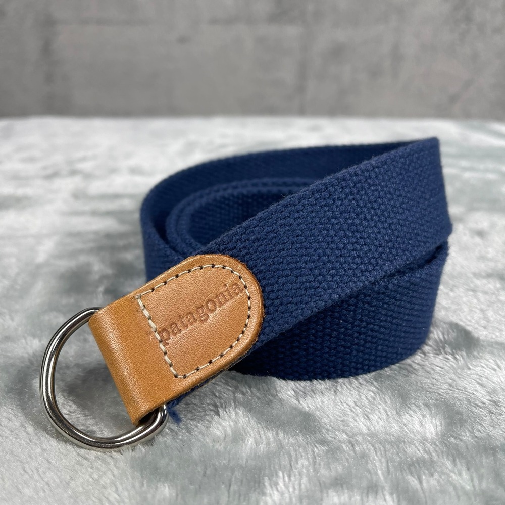 Patagonia D-Ring Belt Mens Medium Navy Blue Canvas Leather Trim 32"